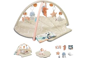 Suihuooo Baby Play Mat, Ocean Shell Theme Playmats & Floor Gyms, Baby Play Gym with 6 Detachable Activity Toys, Early Sensory Development Play Mat for Infant & Newborn (Beige)