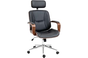 Vinsetto Fotel biurowy, ergonomiczne krzesło biurowe ze zdejmowanym zagłówkiem, regulowana wysokość i funkcja przechylania, do sypialni, telepracy, obciążenie 120 kg, czarny i orzech