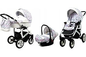 BabyLux® Bambimo Kinderwagen Set 3 in 1 - Tropical - incl. Babywanne, Buggy Sportsitz, Auto-Babyschale - Autositz - Kinderwagenset - Kombikinderwagen mit Wickeltasche, Regenschutz usw.