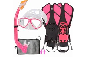 HH HHAO SPORT Set da Snorkeling per Bambini con Pinne, Vista Panoramica a 180° Occhialini Antiappannamento, Pinne da Nuoto Regolabili, Snorkel, Borsa in Rete ad Asciugatura Rapida