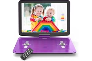WONNIE 45.5 cm (18 Zoll) tragbarer DVD/CD-Player mit 39.1 cm (15.4 Zoll) großem schwenkbarem HD-Bildschirm, 6 Stunden 5000 mAh wiederaufladbarer Akku, Fernbedienung für Kinder, Lila