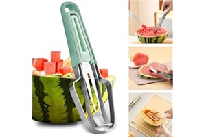 QEERINER Melonenschneider 3 in 1, neuestes Modell Edelstahl Wassermelonen schneider, Obstschneider, Wassermelone, Cantaloupe, Papaya, Drachenfrucht Fruchtmesser.（Grün）