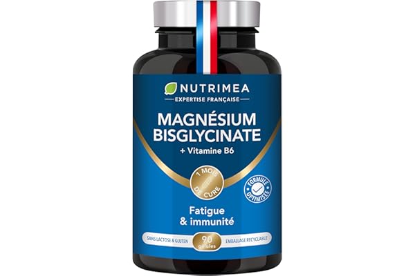 Magnésium Bisglycinate + Vitamine B6 - Sommeil, Stress, Fatigue - Absorption Maximale & Assimilation Facilitée - 90 Gélules Vegan - Nutrimea - Fabriqué en France