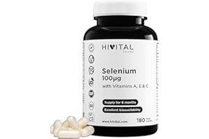 HIVITAL FOODS Sélénium 100 mcg. 180 gélules végétaliennes pour 6 mois de traitement. L-Sélénométhionine active hautement biodisponible avec vitamines A, E et C. Sans levure. Fabriqué en Europe par HIVITAL