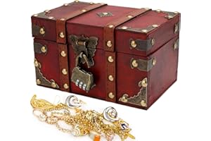 AOTOPYU Cofre del tesoro de madera vintage con cerradura, Pequeño Cofre Del Tesoro Vintage, cofre del tesoro pirata con tapa, mini cofre del tesoro de madera para guardar y decorar (L:22 * 15 * 14cm)