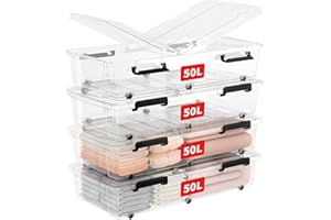 Cetomo 50L*4 Storage Boxes with Wheels, Under Bed Storage Container with Dual-Opening Lids, Durable Flat Organizing Box for Bedroom, Home, BPA-free, Nestable, Stackable, Clear, 50L-4 Pack