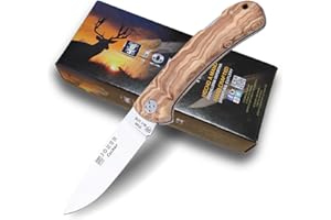 Joker Navaja de caza Cocker NO134, mango de madera de olivo, hoja de 9 cm MOVA, con cordón de cuero, herramienta de pesca, caza, camping y senderismo