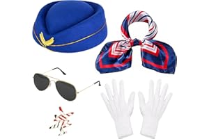 Horolam Lot de 5 accessoires de costume d'hôtesse de l'air pour femme avec chapeau, écharpe, gants, lunettes de soleil