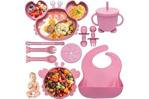 Kinyoda Talerz dla niemowląt zestaw 10 zestawów posiłków dla niemowląt, miska i łyżka dla niemowląt, silikonowy śliniaczek dla niemowląt, talerz z przyssawką dla niemowląt, różowy