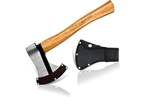 Xforst Hache X-UW800 – Hache 800 g en Acier au Carbone Forgé avec Manche en Bois de Hickory – Inclut 2 Protège-Lames (Cuir PU + Tissu Oxford avec Passant de Ceinture) – Conforme DIN 5131 / TÜV GS