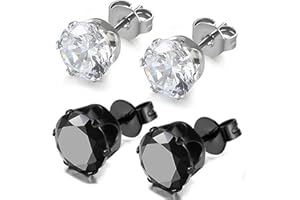 Oidea Bijoux Acier Inoxydable 2 Paires Boucles d'oreilles Incrustation d'Oxyde Zircon pour Homme et Femme Couleur Argent Noir