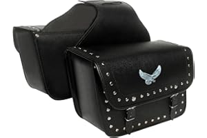 VADER SPORTS EST.2001 WITH YOU ALL THE WAY Motorrad-Satteltaschen Paar Universal Motorrad Schwarz Leder Packtaschen mit Nieten Adler Emblem