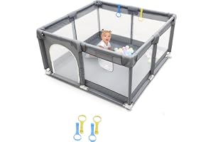SKY-TOUCH Baby Playpen | Portable Playard for Babies | Sturdy Anti-Fall Baby Playpen Activity Center | Breathable Mesh | 4 Pull-Up Ring|Install Accessories | 120 * 120cm,Gray,Indoor&Outdoor