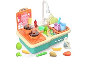 CUTE STONE Giocattoli per lavello da cucina, lavello da gioco con rubinetto elettrico aggiornato, fornello da gioco, con spruzzo di luce e suono realistico, gioco di ruolo in cucina per bambini