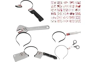 KATOOM Blutige Schere Messer im Kopf 35TLG Halloween Grusel Accessoires Set Spritze Horror Haarreif mit 30pcs Halloween Zombie Scars Tattoo Küchenmesser Schlüssel für Gruselkostüm Zombie