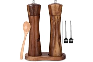 HUIFOO Młynek do soli i pieprzu, zestaw 2 szt., młynek do przypraw z ceramicznym mechanizmem mielącym, solniczka i pieprzniczka z podstawką, młynek do pieprzu, peugeot, regulowany do przypraw, pieprzu, soli,