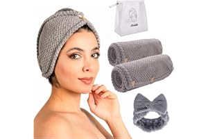 Chillife Premium Set di Turbanti per Capelli | 2 Asciugamani a Turbante con Bottone e Fascia per Capelli, Asciugamano da Bagno in Microfibra per Capelli Lunghi e Testa | Accessori da Bagno