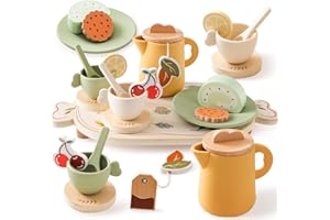 OESSUF Juego de Té de Madera para Niños y Niñas, Accesorios de Cocina para Niños, Lavavajillas, Juego de Té para Niños, Cumpleaños