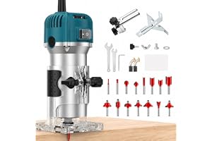 VOBOR Elektrisk träfräs, 800 W 30 000 RPM handfräs med 6 variabla hastigheter, 15 st 1/4 tum spännhylsor, 6/6,35 mm fast bass
