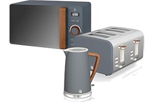 Swan STRP1061GRYN, Nordic Kitchen Bundle with 1.7 Litre Jug Kettle, 4 Slice Toaster and 800W Microwave, Wood Effect Handle, Soft Touch Matte Finish, Slate Grey