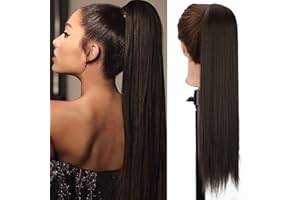 JUZIVIEE Clip in Haarteil Pferdeschwanz Extension Dunkelbraun Lang Glatt Haarverlängerunge Verlängerung Kunsthaar Natürliches Ponytail Zopf Magic Paste Wrap Around Ponytail Hairpiece 071G