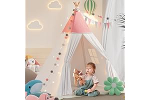BlueWood Tipi Zelt für Kinder, Spielzelt mit Gepolsterter Decke, Lichterkette, Tragetasche, Segeltuch Kinderzelt, Kindertipi im Montessori-Stil für Kinder - Rosa