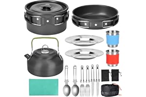 DUOJIN Kit de Utensilios Cocina Camping para 1-2 Personas Ollas de Aluminio Ligero para Camping Vajilla para cocinar al Aire Libre para Cocinar al Aire Libre/Camping/Senderismo