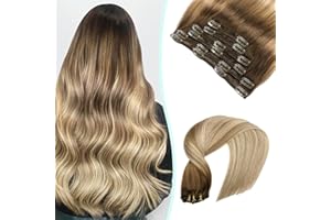 ‎VINBAO VINBAO Clip in Extensions Echthaar Balayage Blond #3/8/22 Dunkelbraun Ombre Mittelbruan Balayage Blond Clip in Haarverlängerung Doppelt Tressen 18 Zoll 6 Stück 120g (#3/8/22,45cm)