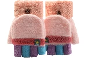 SUNNEE Kids Winter Glove - Convertible Flip Top Fingerless Gloves Warm Mittens With Mitten Cover for 6-12 Ages Boys and Girls (Pink)