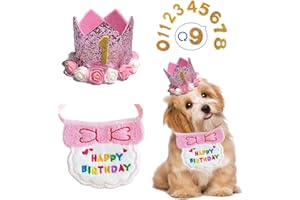 ELIONLESS Dog Birthday Hat and Bandana, Pet Cat Dog Birthday Crown Hat and Scarf with 0-9 Figures Charms Party Accessories for Small Medium Puppy Kitten (A Pink)