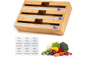 BERRYLION 3 in 1 Wrap Dispenser with Cutter, Plastic Wrap, Aluminum Foil and Wax Paper Dispenser for Kitchen Drawer, Bamboo Roll Organizer Holder, 13.18" Depth* 8.46" Width* 3" High (3 in 1)