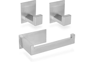 ECENCE 1x Portarrollos Papel Higiénico + 2X Ganchos para Toallas Adhesivo sin taladrar, Accesorios para baño, Cepillado - Fabricados en Acero Inoxidable 304