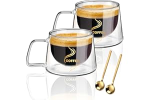 Double Walled Mug 200ML, KAMEUN Set of 2 Handmade Insulated Borosilicate Glass with Handle, Dishwasher Safe & Heat Resistant, Ideal for Clear Coffee Cups for Hot and Cold Drinks