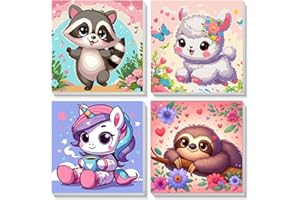 Pujeknm 4 Stück Tiere Malen Nach Zahlen ab 5 6 7 Jahre Mädchen mit Rahmen, Einhorn Faultier Alpaka Waschbär Malen Nach Zahlen für Kinder Acrylfarben mit als Geschenk, Mittel 20x20 cm (Süßes Tiere)