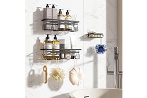 Vinabo Etagere Salle de Bain avec Porte-Savon, 3PCS,Etagere Douche sans Percage, Accessoire Salle de Bain Antirouille, Rangement Douch avec Crochets, Essentiels pour la Salle Bain, Cuisine (Noir)