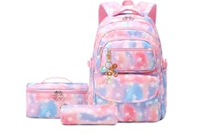 BANSUSU 3Pcs Gradient Star Backpack Set for Girls with Lunchbox ＆ Pencil Case, Star Print Girls Backpack School Bag and Lunch Bag Set