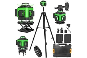 QAWNER Nivel Laser autonivelante 4 x 360°, 4D 16 líneas nivel láser autonivelante 360 grados horizontal y vertical, IP54, laser autonivelante con control remoto y 2 x 2600mAh Baterías (Con trípode)