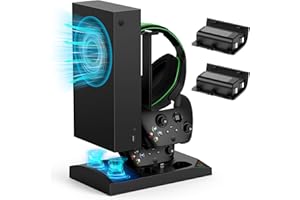 MENEEA Supporto per caricabatterie con ventola di raffreddamento per console Xbox Series S e controller, doppio dock di ricarica verticale con 2 batterie ricaricabili da 1400 mAh e coperchio