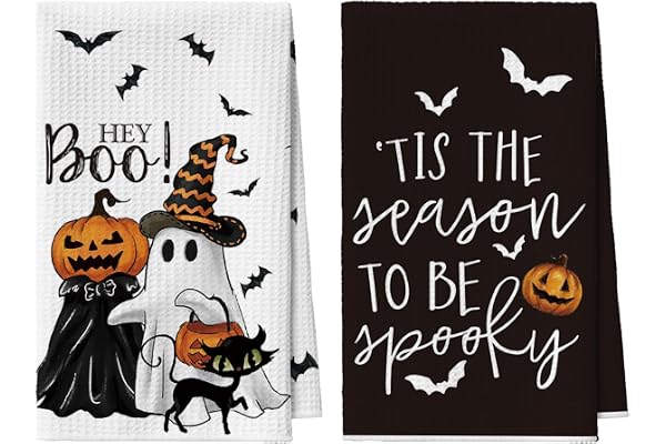 Artoid Mode spöke fladdermöss pumpor katt halloween kökshanddukar diskhanddukar, 42 x 65 cm Hey Boo säsongsbetonad höst dekoration handdukar set med 2