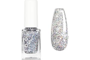 EONFAVE Silver Glitter Nail Polish - Flash Shiny Quick Drying Long Lasting Nail Varnish - No Need Baking Easy to Apply for Women