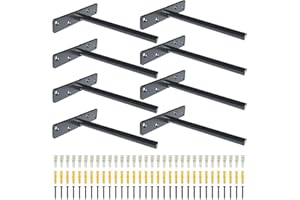 DT IRONCRAFT Premium Heavy Duty Floating Shelf Brackets - Solid Steel Wall Mounted Bracket for Concealed Shelves with Screws & Wall Plugs for Drywall & Concrete Wall - Invisible Hidden Supports (8 Pcs, Black)