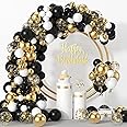 ZELOVA Black and Gold Confetti Balloons, 100pcs Metallic Gold White and Black Balloons with Ribbons for Birthday Wedding Anniversary Party Decor