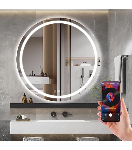 Espejo De Baño Redondo 80cm Con Luz LED Y Bluetooth - Antivaho Regulable IP44 Vidrio Templado