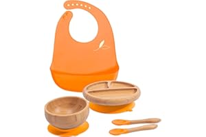 Love Earth ® - Bamboo Baby Weaning Set – 5 Piece Baby Weaning Set Including Suction Plate, Bowl, Spoons, and a Silicone Bib – Eco-Friendly Weaning Set for Babies from 3 Months to 6 Years (Orange)