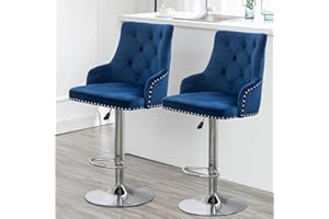Hironpal Velvet Barstool Set of 2 Chairs, Studded Barstool with Backrest Breakfast Bar Stool, Adjustable 360 Swivel Gas Lift, Chrome Footrest and Base for Counter, Kitchen Island Home