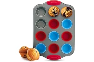 Boxiki Kitchen Teglia per Mini Muffin da 12 Cup con Manici in Silicone e Involucri Riutilizzabili. Teglia Antiaderente Professionale per Muffin per la Cottura di Muffin e Cupcake
