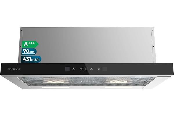 Cecotec Köksfläkt 70 cm teleskopisk Bolero Flux TLT 704400 glas svart A++. Sug 431,2 m³/h, låg förbrukning, DC-motor, rörelse