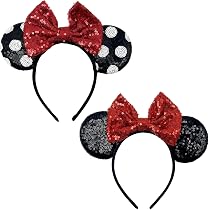 3 Stück Minnie Ears Stirnbänder Mit Pailletten – Verstellbar, Schmerzfrei (Rot, Rot Mit Punkten, Rosa)