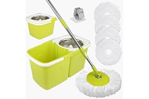 ARSUK Mocio e Secchio lavapavimenti doppia vasca - 2 impilabili secchio separati con 4 testine in microfibra e manico telescopico regolabile in altezza a 360° Rotante