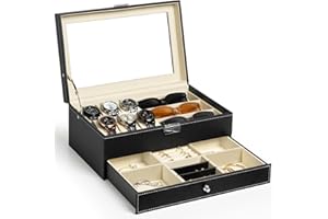 mepure Watch Box, Leather Jewellery Watch Box for Men Women, 6 Slot Watch Case & 3 Slot Sunglasses Organiser, 2 Layers Lockable Watch Holder with Glass Lid for Earrings, Rings, Bracelets (Beige)
